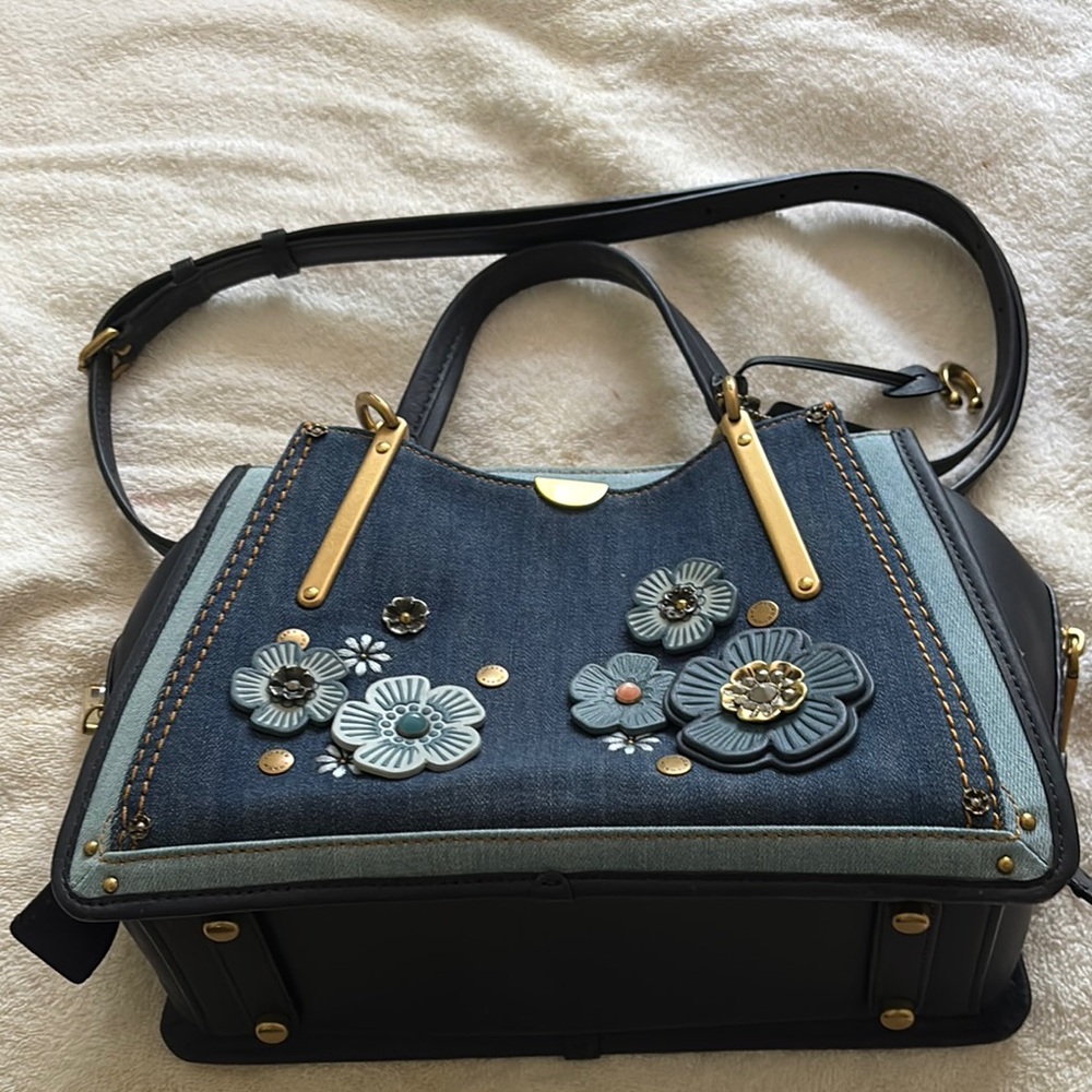Floral Embellished Coach Denim and Blue Handbag
